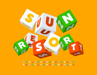Vector bright logo Sun Resort. Playful Cubic Font. Isometric creative Alphabet Letters and Numbers set