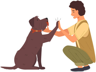 Dog and man give high five. Dog and male character friends isolated on white background. Owner and his pet are playing, giving five. Happy person and pet during greeting vector illustration