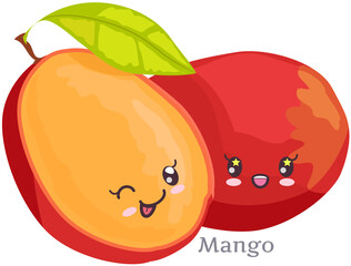 Cute mango sticker kawaii icon vector design. Adorable cute charming tropical fruit with positive emotions, event or very pleasant situation, japanese culture symbol anime, innocence and childishness