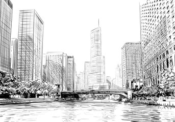 Obraz premium Chicago city hand drawn. Street sketch, vector illustration