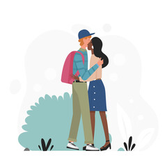 Beautiful happy young couple hugging in the street. Romantic daily moment of loving relationship flat vector illustration