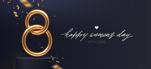 Fototapeta na wymiar 8 March - International women's day vector illustration. Realistic gold metal number eight and golden confetti on a dark background. Design for greeting card, invitation, flyer and etc.