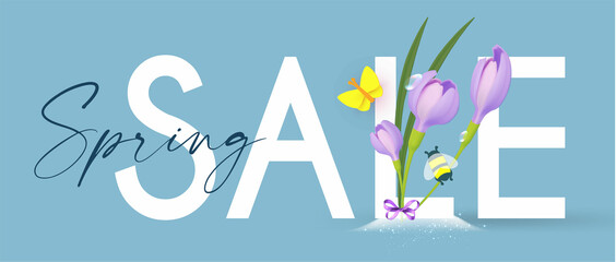 Spring sale poster template with butterflies, bees, water drops and crocus flowers. Season offer.