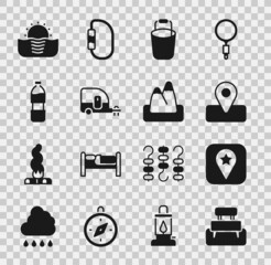 Set Bench, Location for camping, Bucket, Rv Camping trailer, Bottle of water, Sunrise and Mountains icon. Vector