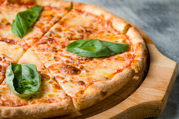 Italian pizza Margherita with cheese, tomato sauce and basil on wooden board on grey table macro close up
