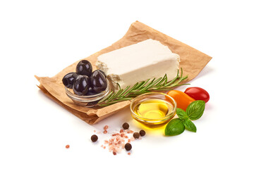 Soft greek feta cheese, isolated on white background.