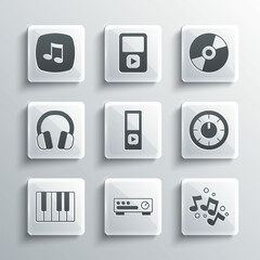 Set Sound mixer controller, Music note, tone, player, synthesizer, Headphones, and Vinyl disk icon. Vector