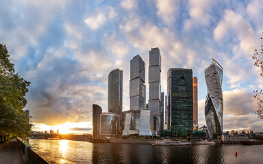 Moscow Сity, business center river bank autumn landscape panorama at sunset