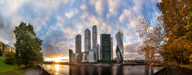 Moscow ?ity, business center river bank autumn landscape panorama at sunset
