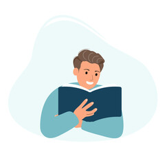 Man reading book while sitting. Learning and literacy day concept. Cute vector illustration in flat cartoon style