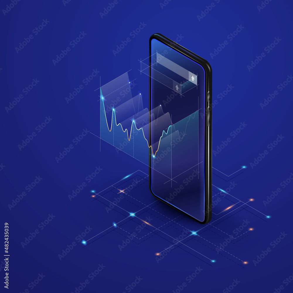 Aufkleber development to success concept with 3d phone, marketing charts and diagrams. marketing diagrams and 