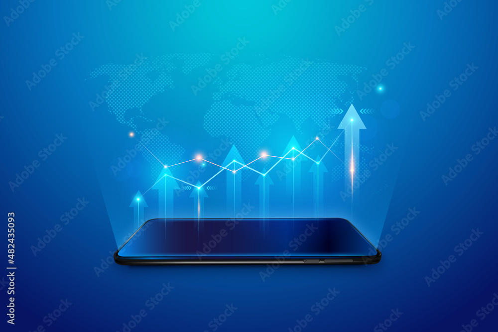 Poster development to success concept. infographic with 3d phone. marketing diagrams and charts on smartpho