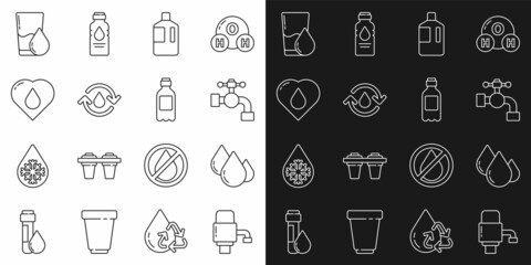 Set line Mechanical pump for water, Water drop, tap, Big bottle with clean, Recycle aqua, Heart, Glass and Bottle of icon. Vector