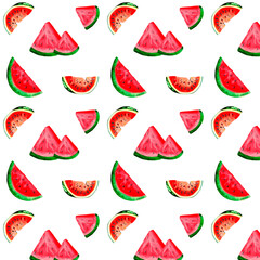 Watercolor seamless pattern with fresh ripe watermelon slices. Summer fruit background.