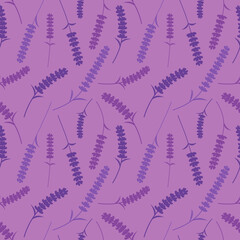 Floral seamless pattern. Lavender flowers silhouette. Vector purple background with Lavender blossoms. Flat illustration