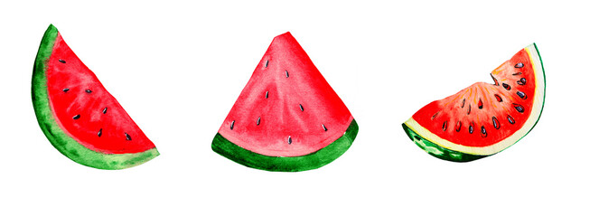 Watercolor red watermelon slices, pieces and segments isolated on white