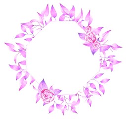 Round pink floral wreath for design, postcards, banners, emblems, logo. Isolated on white background.