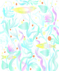 Vector fantasy background with creepers fish bird pastell colours