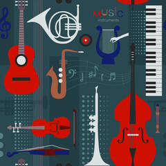 Composition of music instruments. Guitar, trumpet, saxophone, lyre, cello, violin, french horn, flute, strings, notes. Vector illustration. Seamless pattern. Modern design