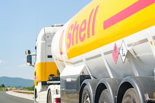 Shell tanker transporting fuel on the road, October 2021, Zadar, Croatia.