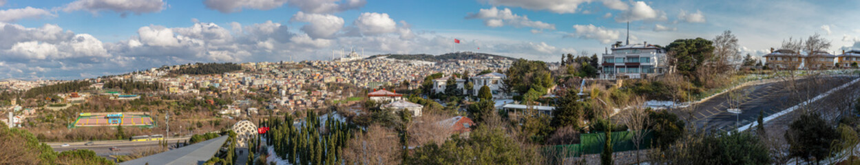 Fototapeta na wymiar Panoramic view. July 15 Martyrs Memorial and Camlica Hill, Camlica Mosque. A snowy istanbul day.Istanbul, Turkey. .