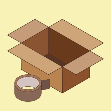 An open cardboard box and a roll of sticky tape. Vector illustration
