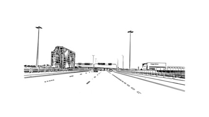 Building view with landmark of Manama is the 
capital of Bahrain. Hand drawn sketch illustration in vector.