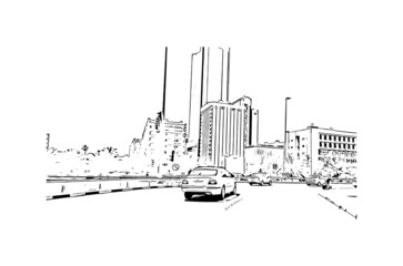Building view with landmark of Manama is the 
capital of Bahrain. Hand drawn sketch illustration in vector.