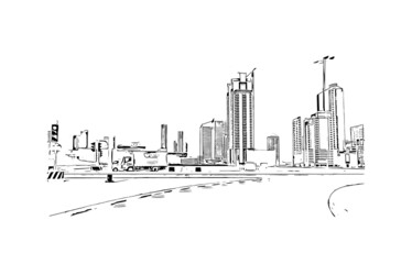 Obraz premium Building view with landmark of Manama is the capital of Bahrain. Hand drawn sketch illustration in vector.