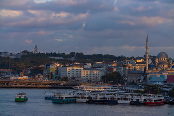 Istanbul city buildings and streets evening view from Bosphorus 