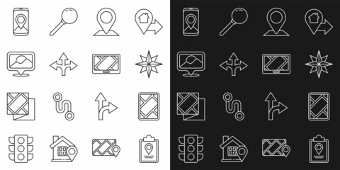 Set line Folded map with location marker, Gps device, Wind rose, Location, Road traffic sign, City navigation and icon. Vector