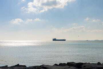 Sea View of the water and ships in the Bosporus and Marmara Sea in the city of Istanbul