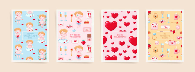 Valentine's day February 14 design template set. Modern pixel art layouts for poster, brochure, card, leaflet, banner. 8 bit game style hearts, angel boy, chocolate, gifts. Pink, blue, red, colors.