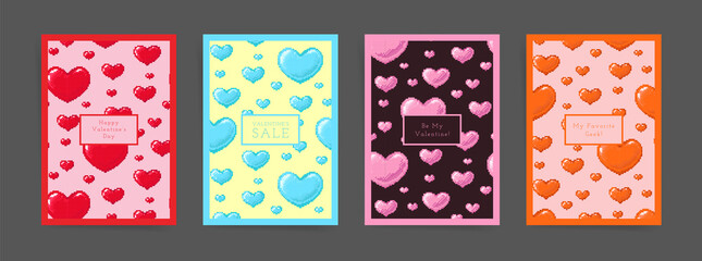 Valentine's day pixel hearts design template set. Modern pixel art layouts for poster, brochure, card, leaflet, banner. Retro 8 bit game style colorful A4 vertical frames for sale and promo banners.