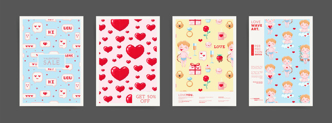 Fototapeta na wymiar Valentine's day February 14 design template set. Story pixel art layouts for poster, brochure, card, leaflet, banner. Retro 8 bit game style hearts, cupid, gifts, flowers, text in A4 vertical frames.