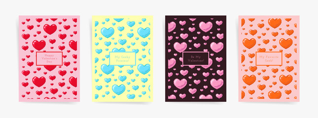 Valentine's day pixel hearts design template set. Modern pixel art layouts for poster, brochure, card, leaflet, banner. Retro 8 bit game style colorful mosaic pink, red hearts in A4 vertical frames.