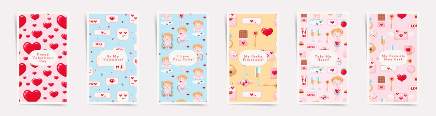 Valentine's day February 14 stories design template set. Story pixel art layouts promo greeting card design for lovers holidays. Vintage Game 8 bit style hearts, cupid, sweets and berries backgrounds 