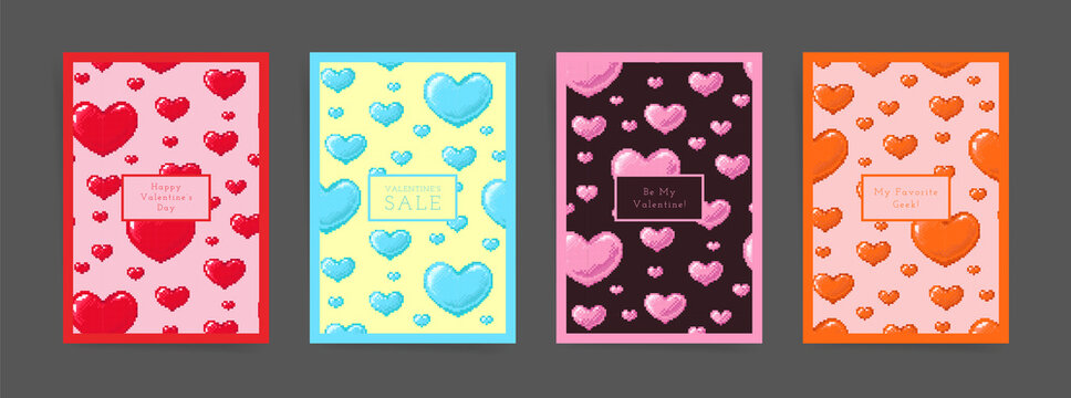 Valentine's day pixel hearts design template set. Modern pixel art layouts for poster, brochure, card, leaflet, banner. Retro 8 bit game style colorful A4 vertical frames for sale and promo banners. - Powered by Adobe
