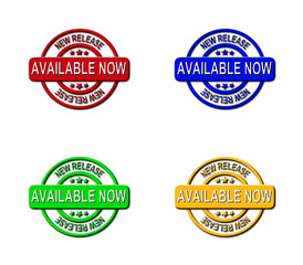 A 3D rendered illustration of a set of 4 seals announcing that a new release is available now, isolated on a white background.