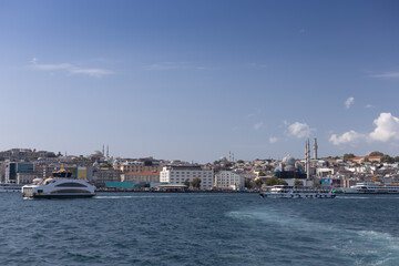 Sea View of the water and ships in the Bosporus and Marmara Sea in the city of Istanbul