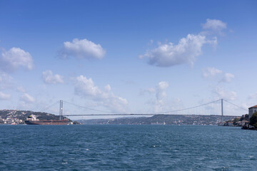 Sea View of the water and ships in the Bosporus and Marmara Sea in the city of Istanbul