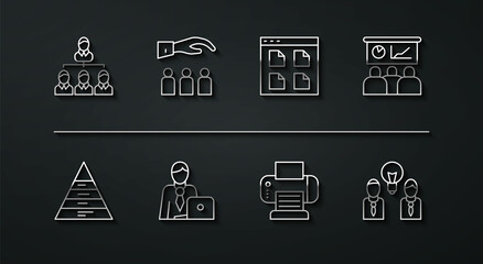 Set line Hierarchy organogram chart, Pyramid infographics, Training, presentation, Printer, Businessman, Boss with employee, People lamp bulb and Browser files icon. Vector
