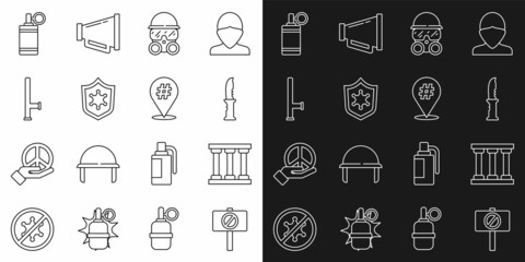 Set line Protest, Prison window, Military knife, Gas mask, Police badge, rubber baton, Hand grenade and icon. Vector