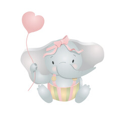 Vector cute cartoon baby elephant with a balloon and a pink bow. Vector elephant sitting in a jumpsuit on a white background isolated