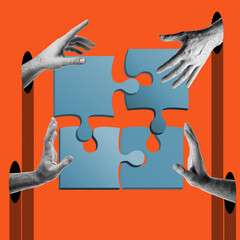 Abstract human hands put together puzzle, contemporary collage. Teamwork, business, collaboration,...