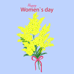 International women`s day greeting card with mimosa spring yellow flowers bouquet