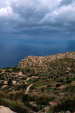 view from the hills to  the sea in Spain, mallorca, panoramic landscape picture 