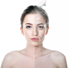 Anti-aging and beauty treatment cosmetology, plastic surgery concept. Portrait of beautiful woman with old problem and young clean healthy skin, aging and youth. Withering of the female body