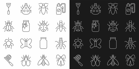 Set line Clothes moth, Termite, Ant, Cockroach, Spider in jar, Beetle bug, Fly swatter and Mite icon. Vector