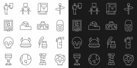 Set line Broken human skull, Fire extinguisher, Medieval iron helmet, History book, Human, Portrait museum, Museum guide and Hanging sign with Open icon. Vector